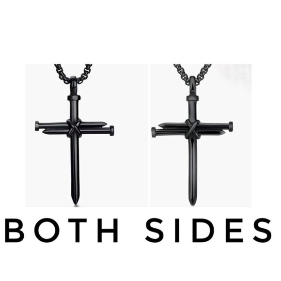 Cross 3 Nail Necklace Statement Piece Pendant Chain and Gift Pouch Black - Picture 3 of 15